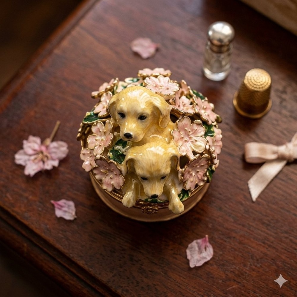 Decorative Collectable Enamel Painted Metal Trinket Box With Two Puppies Flowers